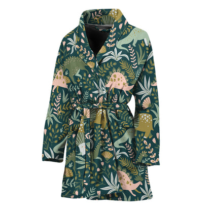 Cute Dino Tropical Leaves Pattern Print Women's Bathrobe