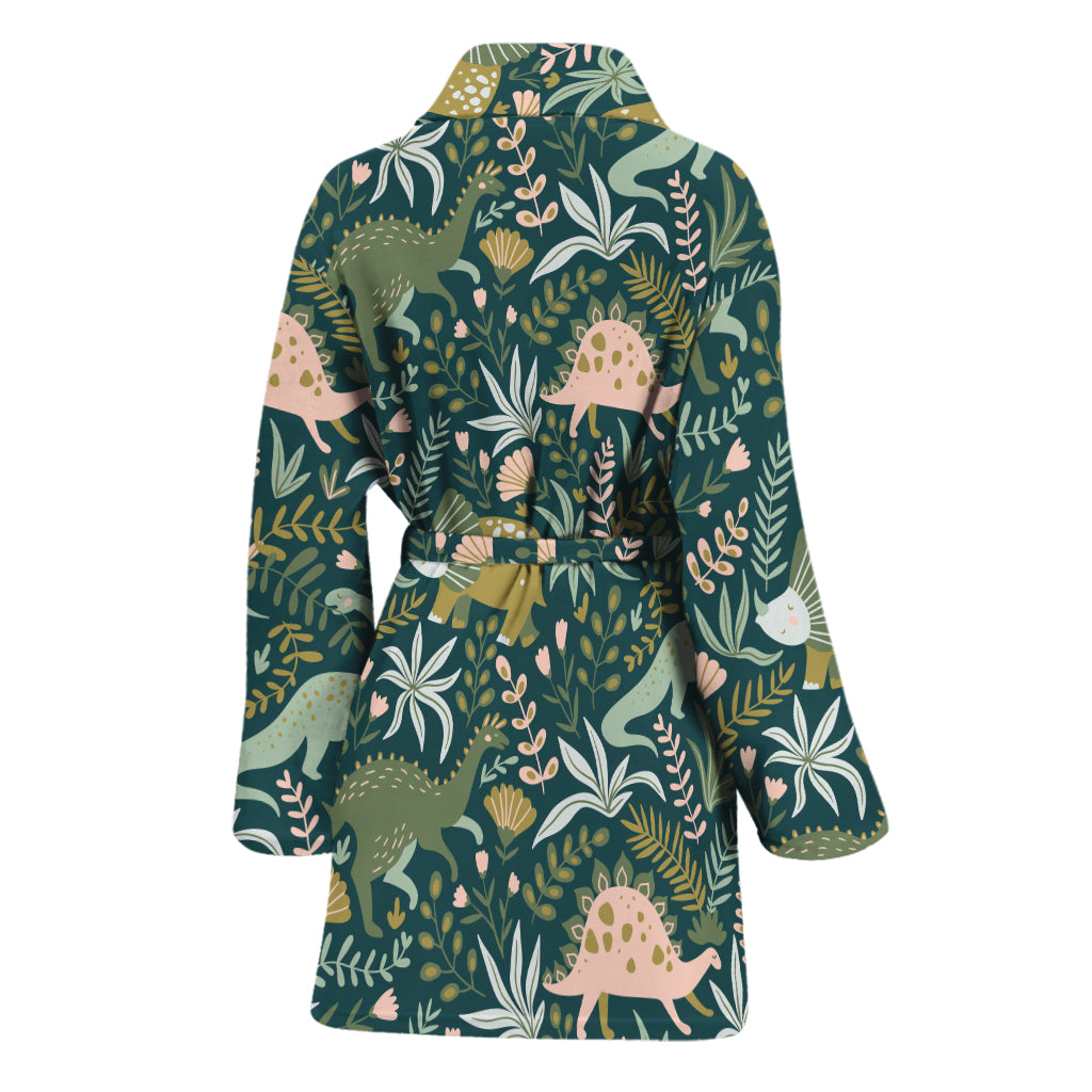 Cute Dino Tropical Leaves Pattern Print Women's Bathrobe
