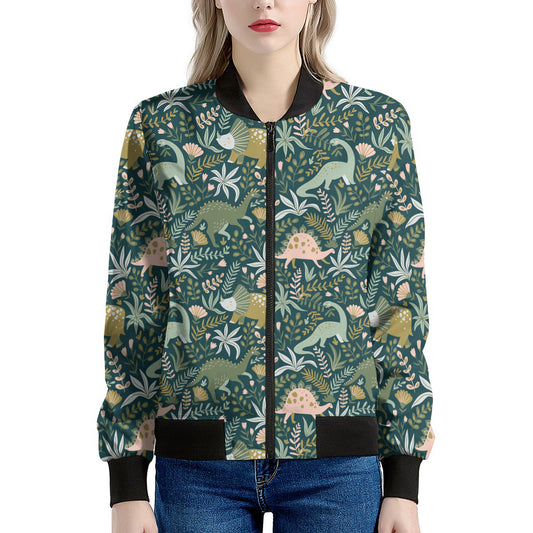 Cute Dino Tropical Leaves Pattern Print Women's Bomber Jacket