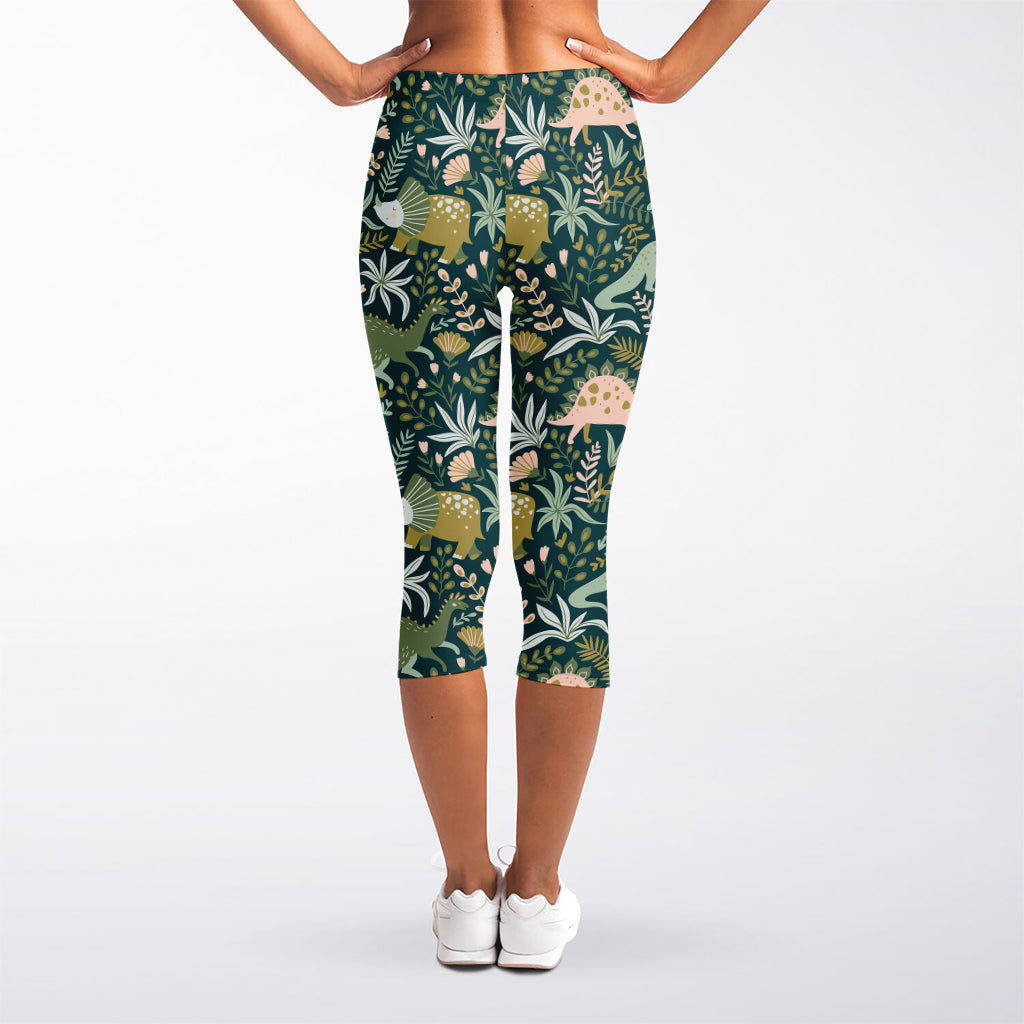 Cute Dino Tropical Leaves Pattern Print Women's Capri Leggings