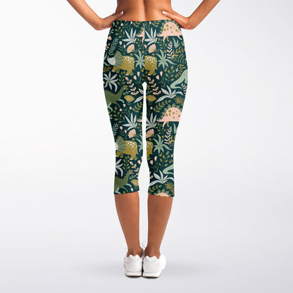 Cute Dino Tropical Leaves Pattern Print Women's Capri Leggings