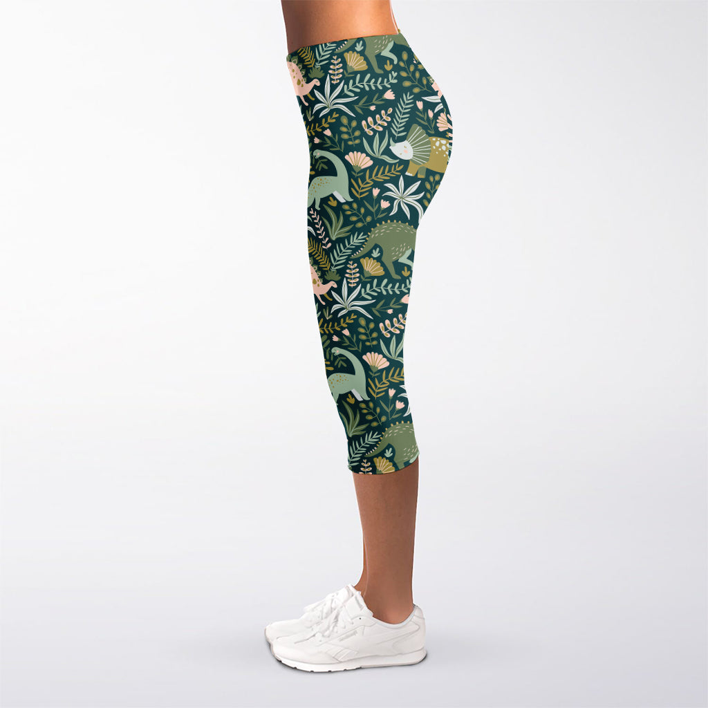 Cute Dino Tropical Leaves Pattern Print Women's Capri Leggings
