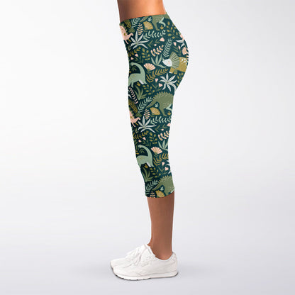 Cute Dino Tropical Leaves Pattern Print Women's Capri Leggings