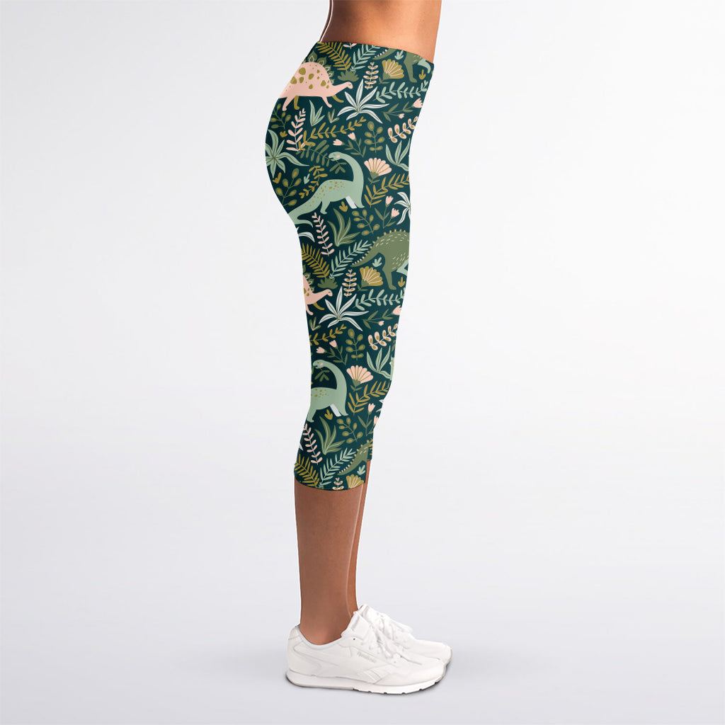 Cute Dino Tropical Leaves Pattern Print Women's Capri Leggings