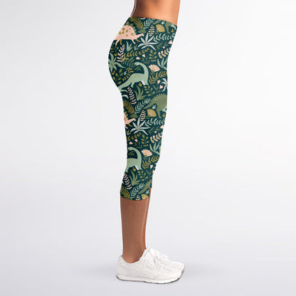 Cute Dino Tropical Leaves Pattern Print Women's Capri Leggings