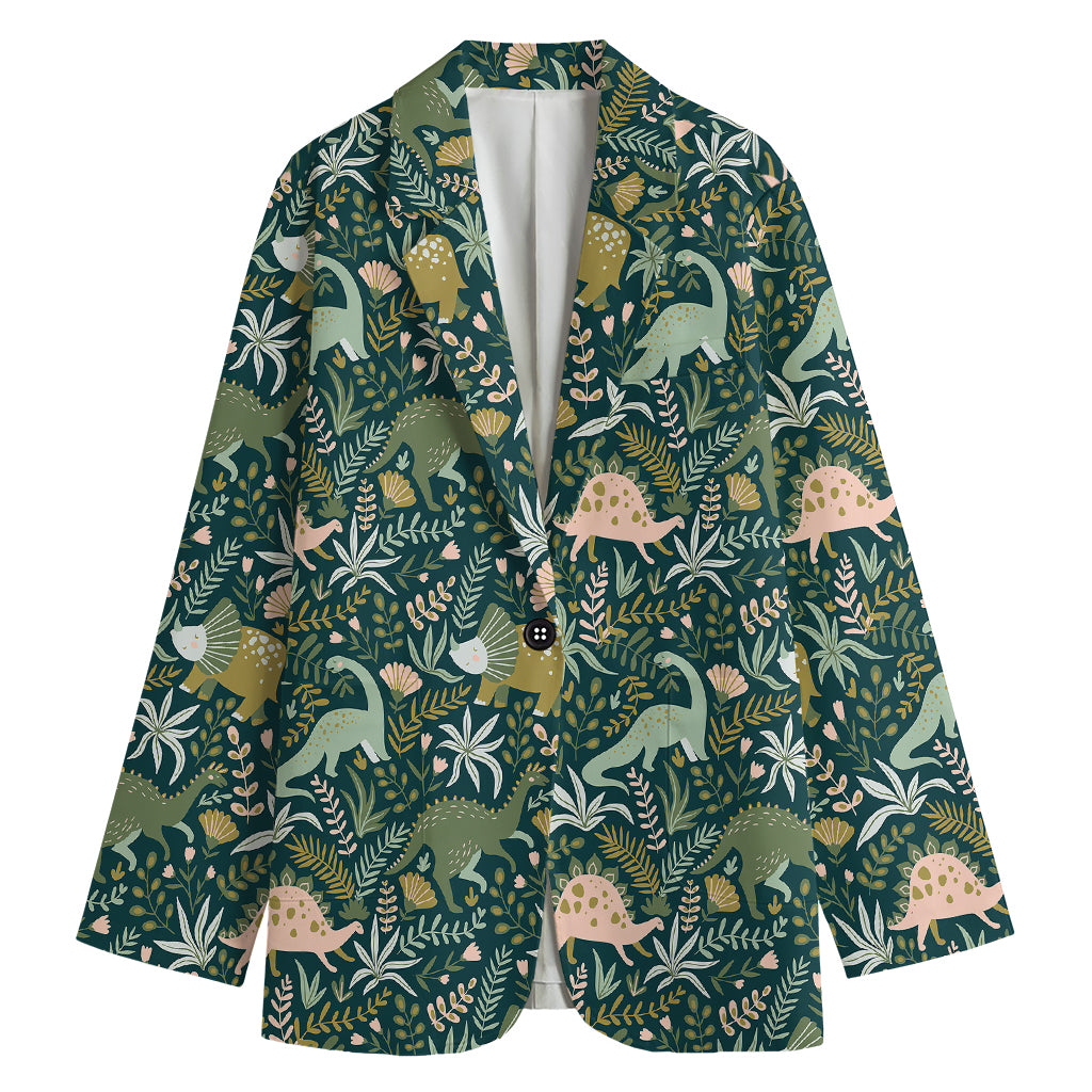 Cute Dino Tropical Leaves Pattern Print Women's Cotton Blazer