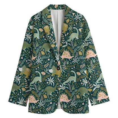 Cute Dino Tropical Leaves Pattern Print Women's Cotton Blazer