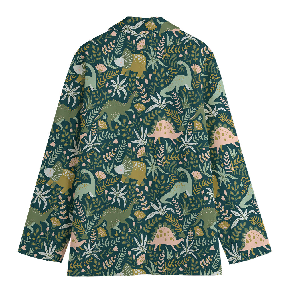 Cute Dino Tropical Leaves Pattern Print Women's Cotton Blazer