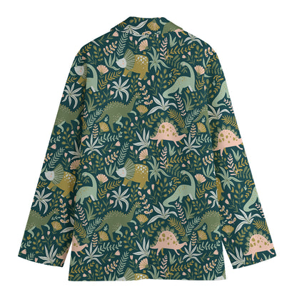 Cute Dino Tropical Leaves Pattern Print Women's Cotton Blazer