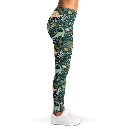 Cute Dino Tropical Leaves Pattern Print Women's Leggings