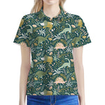 Cute Dino Tropical Leaves Pattern Print Women's Polo Shirt