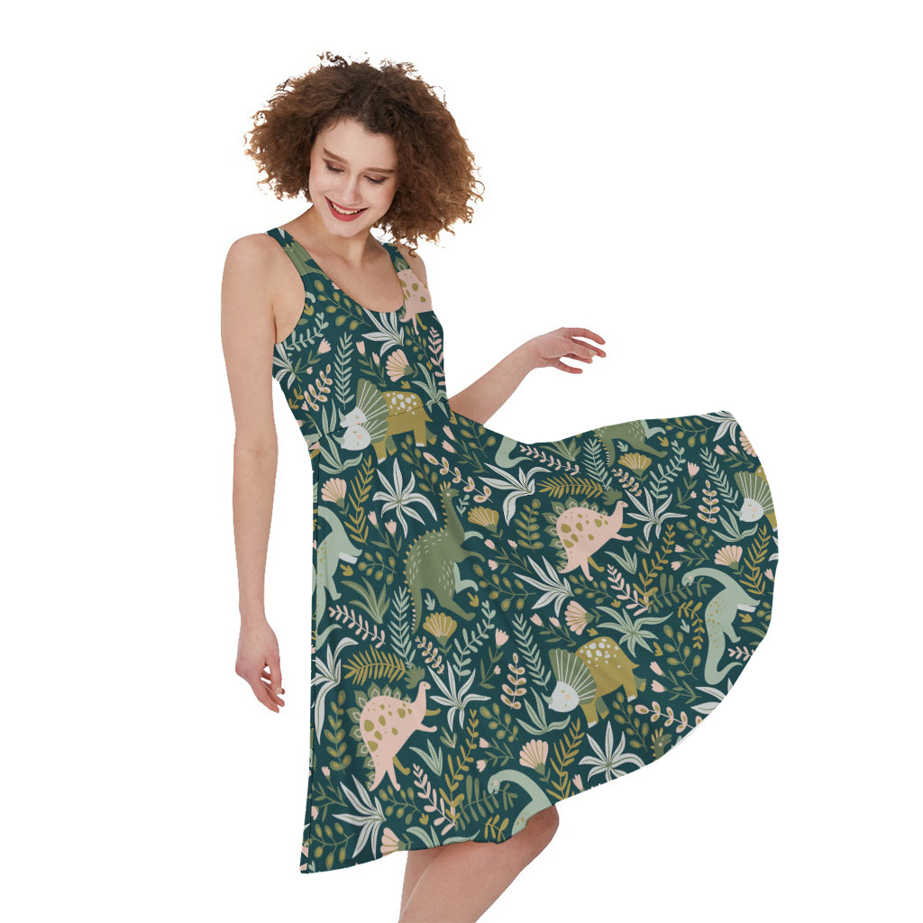 Cute Dino Tropical Leaves Pattern Print Women's Sleeveless Dress