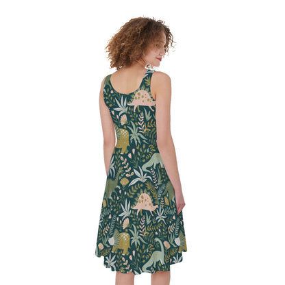 Cute Dino Tropical Leaves Pattern Print Women's Sleeveless Dress