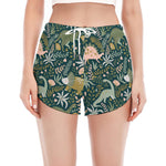 Cute Dino Tropical Leaves Pattern Print Women's Split Running Shorts