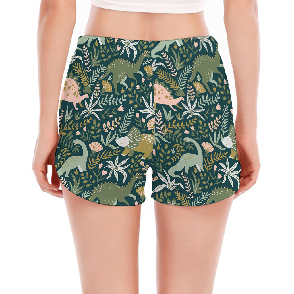 Cute Dino Tropical Leaves Pattern Print Women's Split Running Shorts