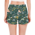 Cute Dino Tropical Leaves Pattern Print Women's Split Running Shorts