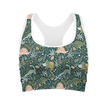 Cute Dino Tropical Leaves Pattern Print Women's Sports Bra