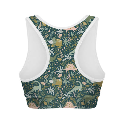 Cute Dino Tropical Leaves Pattern Print Women's Sports Bra