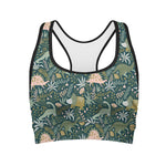 Cute Dino Tropical Leaves Pattern Print Women's Sports Bra