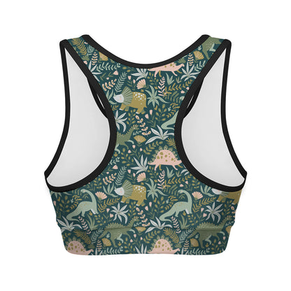 Cute Dino Tropical Leaves Pattern Print Women's Sports Bra