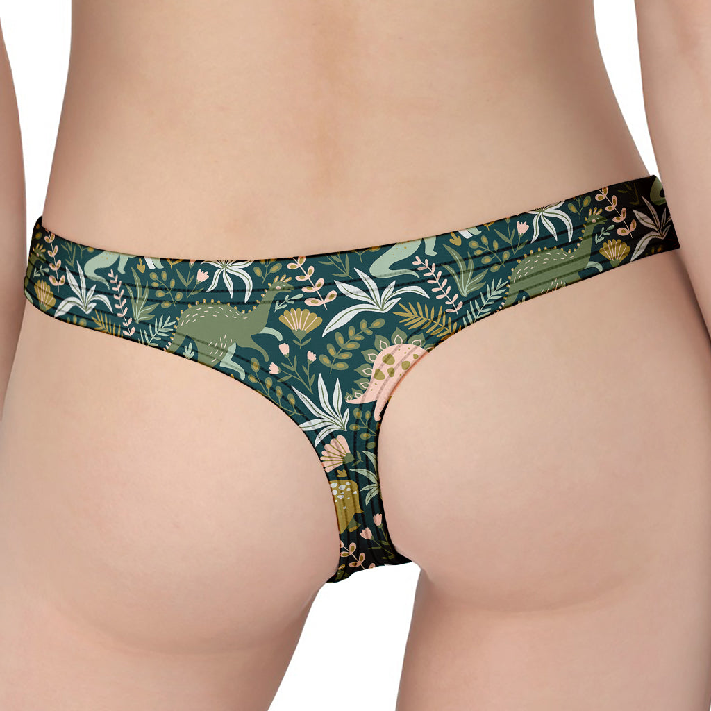 Cute Dino Tropical Leaves Pattern Print Women's Thong