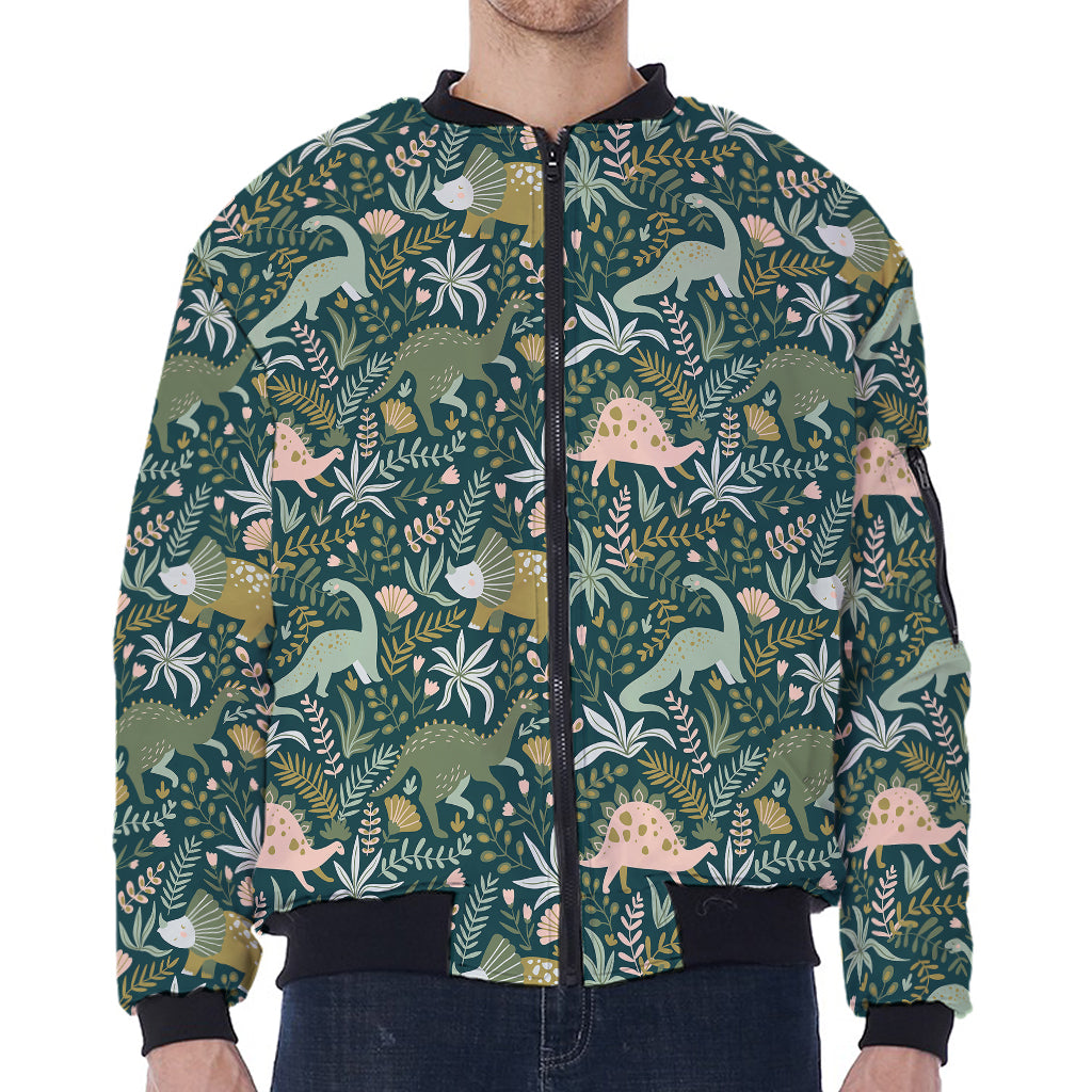 Cute Dino Tropical Leaves Pattern Print Zip Sleeve Bomber Jacket