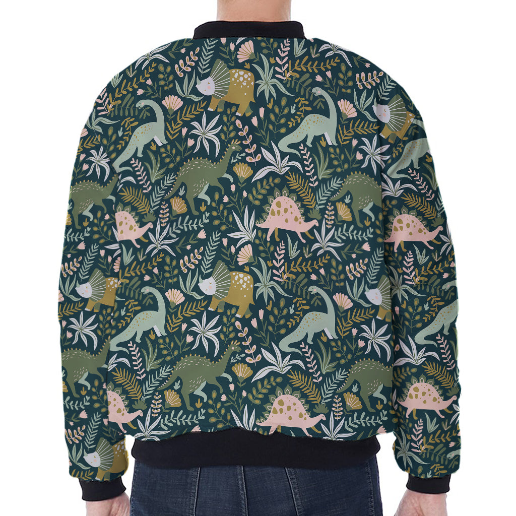 Cute Dino Tropical Leaves Pattern Print Zip Sleeve Bomber Jacket