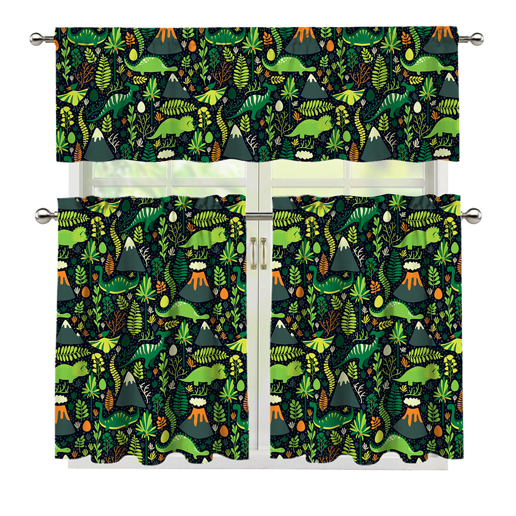Cute Dinosaur And Floral Pattern Print 3 Piece Kitchen Curtains