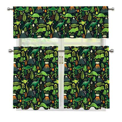 Cute Dinosaur And Floral Pattern Print 3 Piece Kitchen Curtains