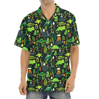 Cute Dinosaur And Floral Pattern Print Aloha Shirt