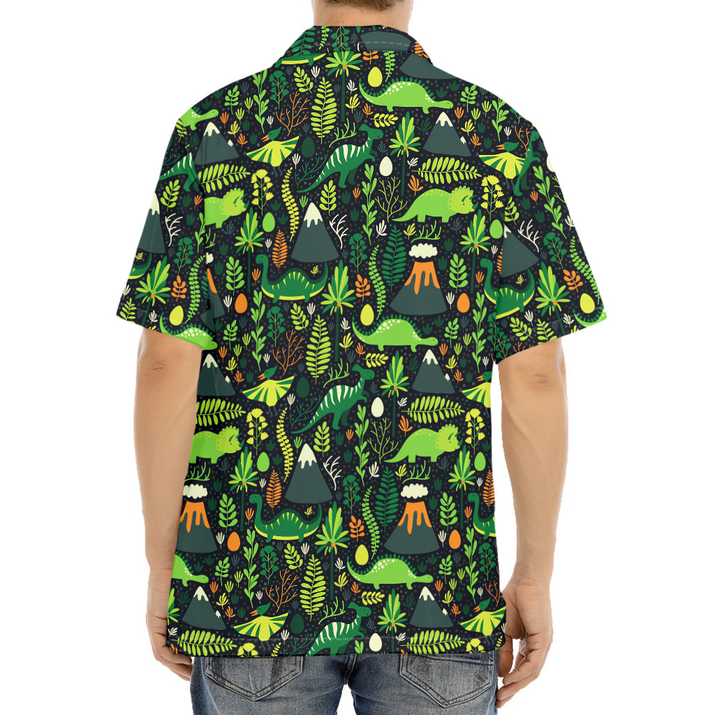 Cute Dinosaur And Floral Pattern Print Aloha Shirt