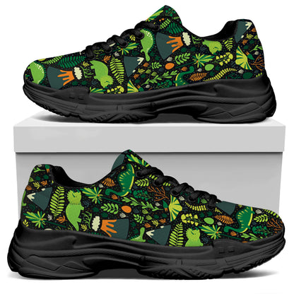 Cute Dinosaur And Floral Pattern Print Black Chunky Shoes