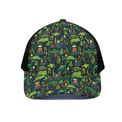Cute Dinosaur And Floral Pattern Print Black Mesh Trucker Cap