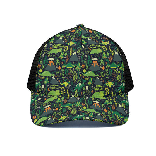 Cute Dinosaur And Floral Pattern Print Black Mesh Trucker Cap