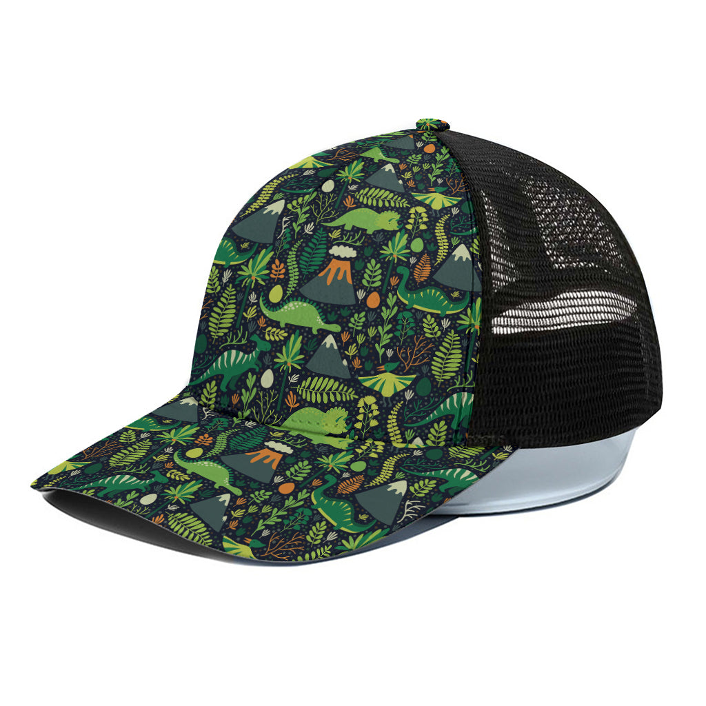 Cute Dinosaur And Floral Pattern Print Black Mesh Trucker Cap