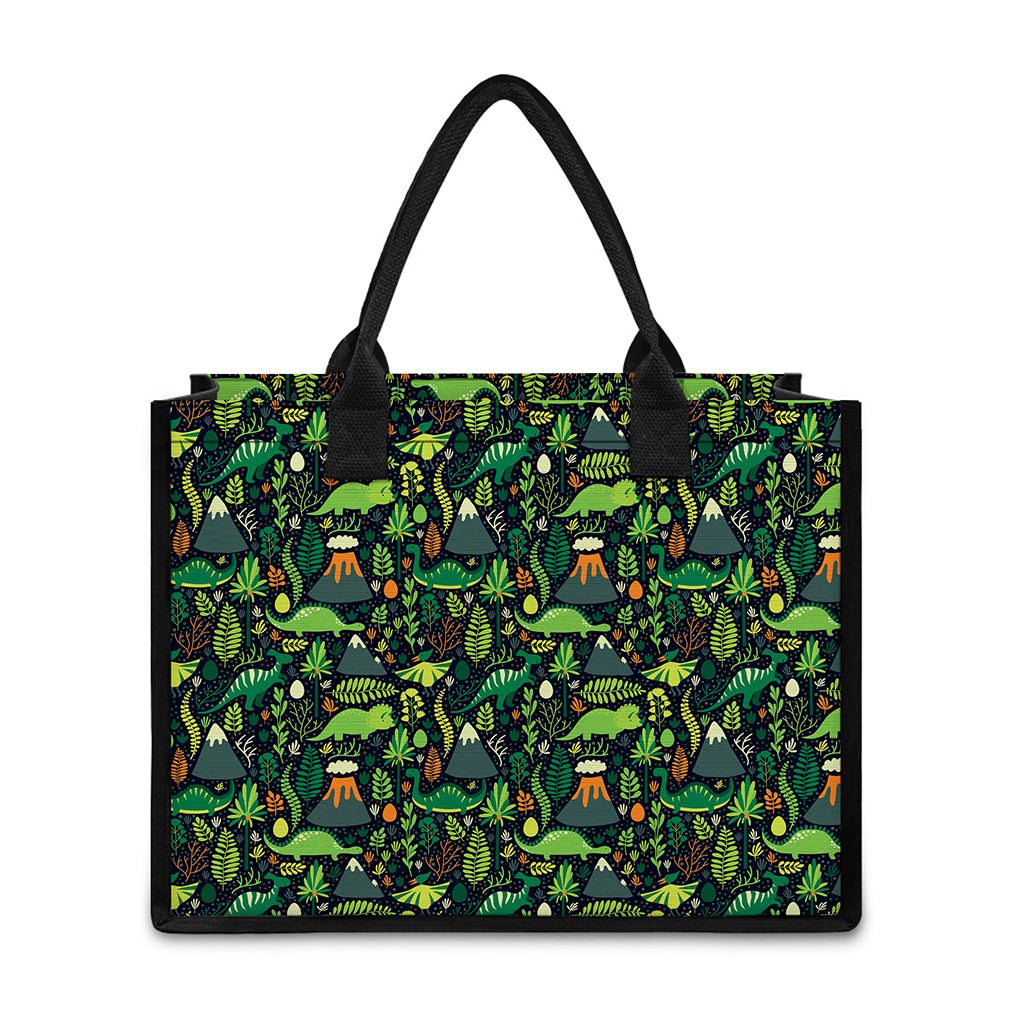 Cute Dinosaur And Floral Pattern Print Canvas Tote Bag