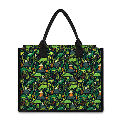 Cute Dinosaur And Floral Pattern Print Canvas Tote Bag