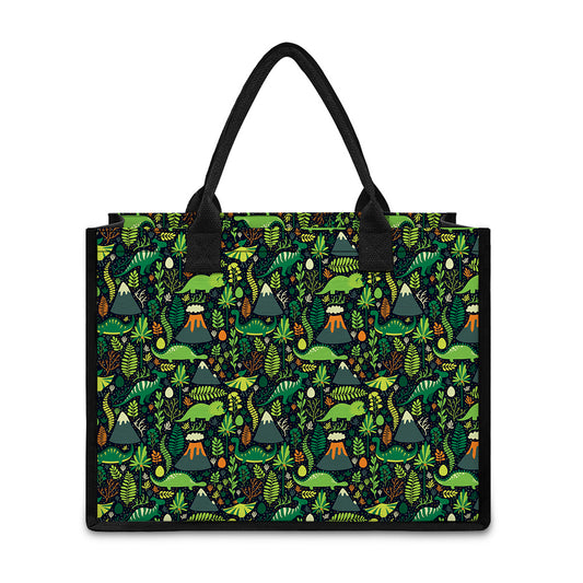 Cute Dinosaur And Floral Pattern Print Canvas Tote Bag