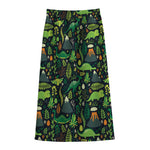 Cute Dinosaur And Floral Pattern Print Cotton Front Slit Maxi Skirt