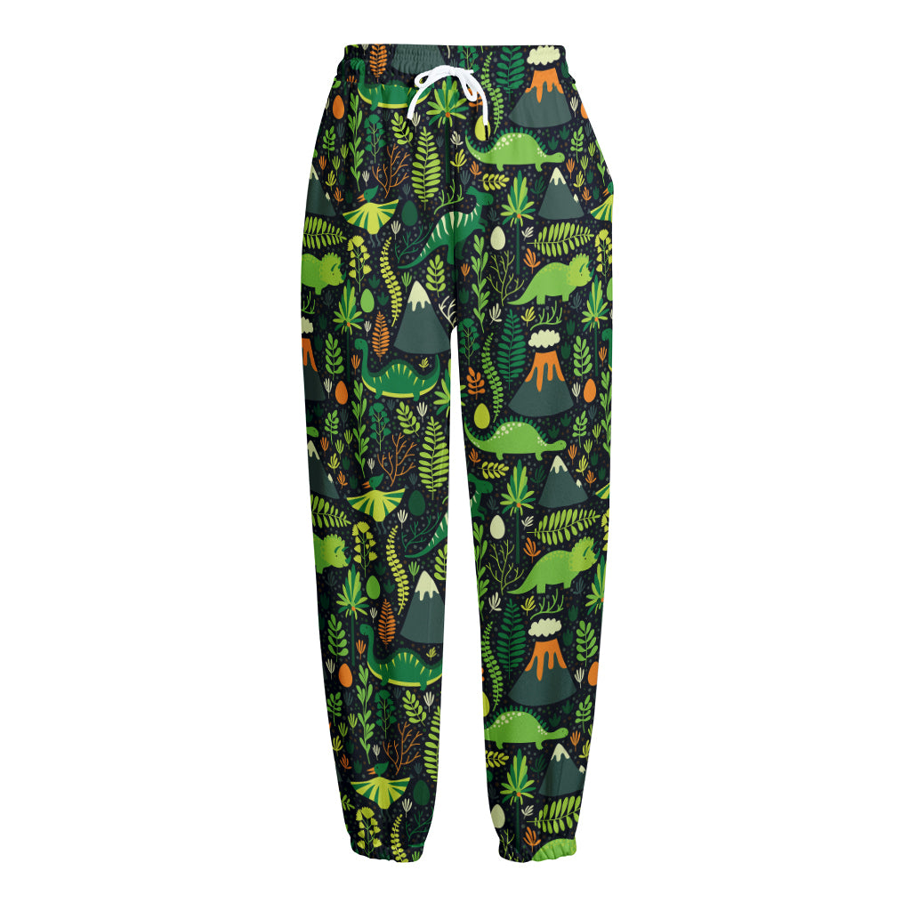 Cute Dinosaur And Floral Pattern Print Fleece Lined Knit Pants