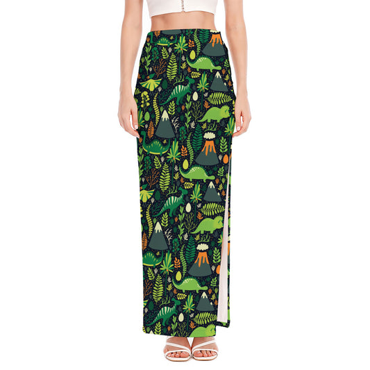 Cute Dinosaur And Floral Pattern Print High Slit Maxi Skirt