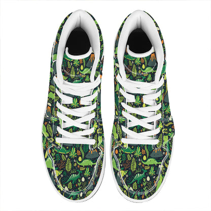Cute Dinosaur And Floral Pattern Print High Top Leather Sneakers
