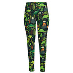 Cute Dinosaur And Floral Pattern Print High-Waisted Pocket Leggings