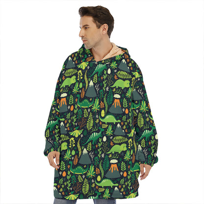 Cute Dinosaur And Floral Pattern Print Hoodie Blanket