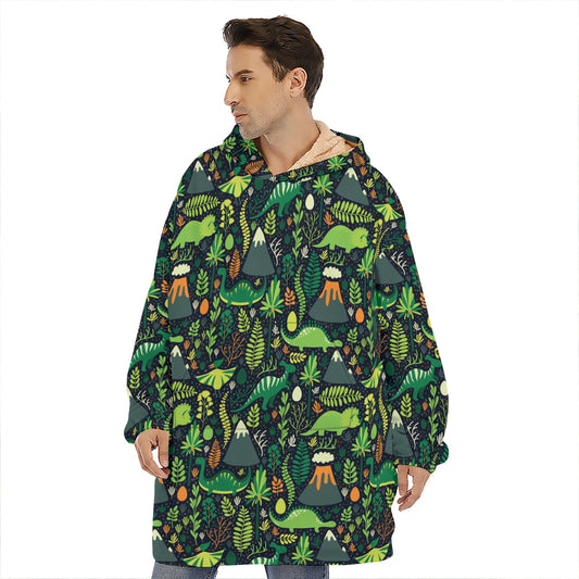 Cute Dinosaur And Floral Pattern Print Hoodie Blanket