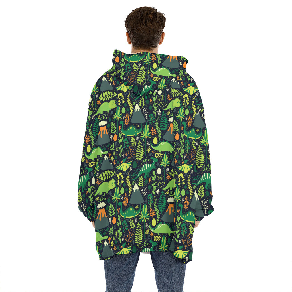 Cute Dinosaur And Floral Pattern Print Hoodie Blanket