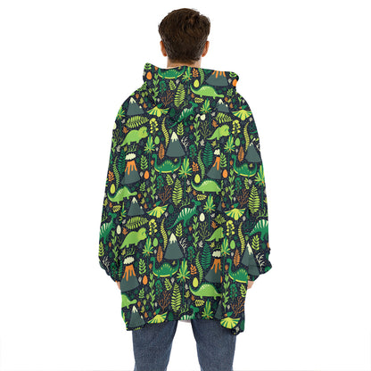 Cute Dinosaur And Floral Pattern Print Hoodie Blanket