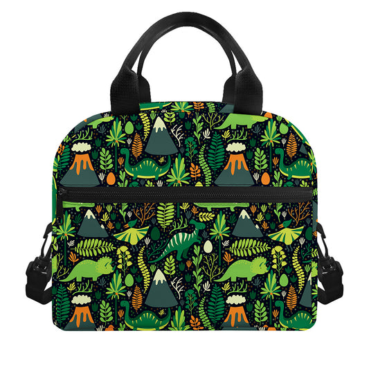 Cute Dinosaur And Floral Pattern Print Insulated Lunch Bag
