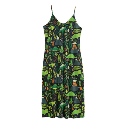 Cute Dinosaur And Floral Pattern Print Jersey Midi Cami Dress