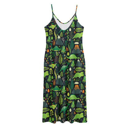 Cute Dinosaur And Floral Pattern Print Jersey Midi Cami Dress